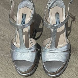 Prada leather silver leather cork wedge sandals Sz 37.5